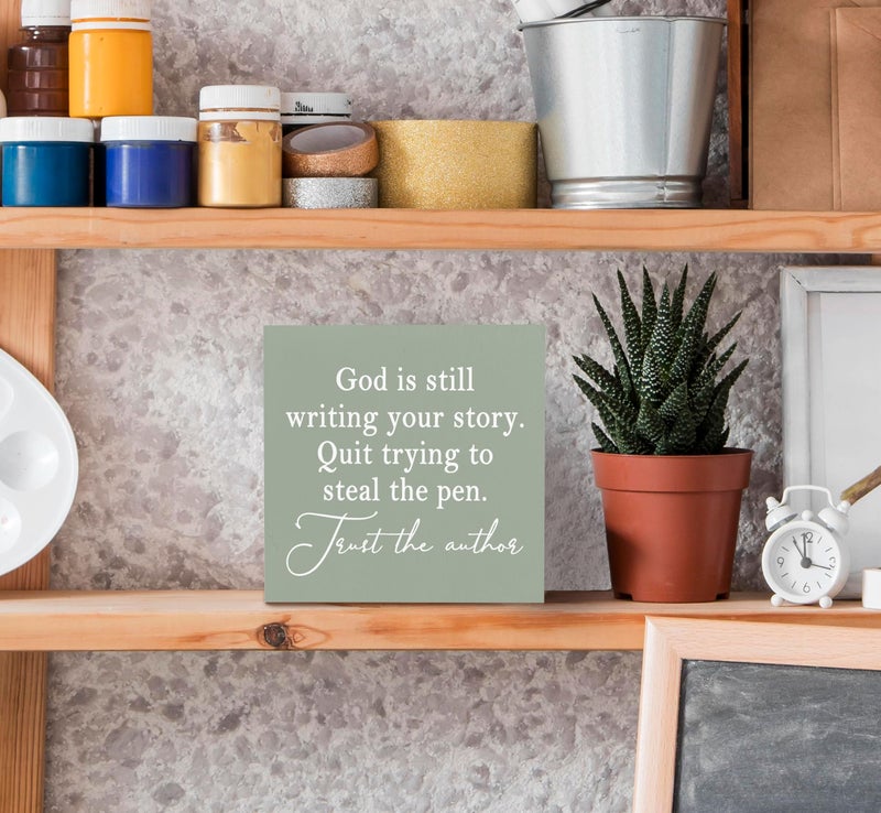 SRADMO God Is Still Writing Your Story, Room Decorative Bible Verse Decor, Christian Decorations Green Wooden Box Decor for Home Office, Inspirational Sign Table Decorative Accessories - Image 4
