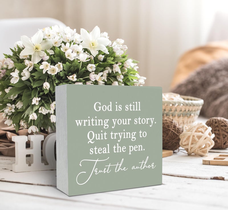 SRADMO God Is Still Writing Your Story, Room Decorative Bible Verse Decor, Christian Decorations Green Wooden Box Decor for Home Office, Inspirational Sign Table Decorative Accessories - Image 3