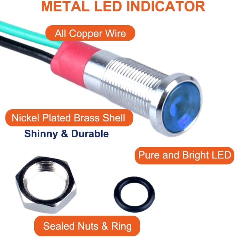 DMWD 10Pcs 6mm (1/4") 110V-220V Metal LED Indicator Light 20mA Wide Flat Head Waterproof Signal Lamp Pilot Dash Directional with Wire （Blue LED) - Image 3