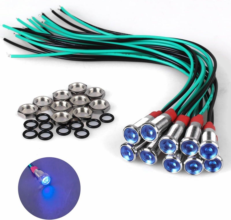 DMWD 10Pcs 6mm (1/4") 110V-220V Metal LED Indicator Light 20mA Wide Flat Head Waterproof Signal Lamp Pilot Dash Directional with Wire （Blue LED) - Image 1