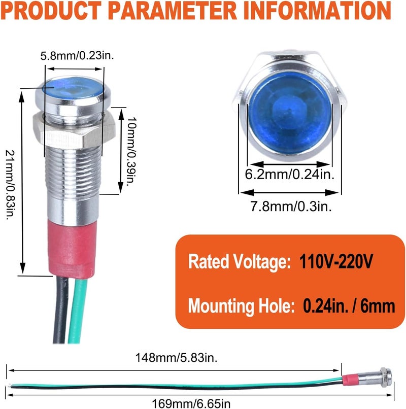 DMWD 10Pcs 6mm (1/4") 110V-220V Metal LED Indicator Light 20mA Wide Flat Head Waterproof Signal Lamp Pilot Dash Directional with Wire （Blue LED) - Image 2