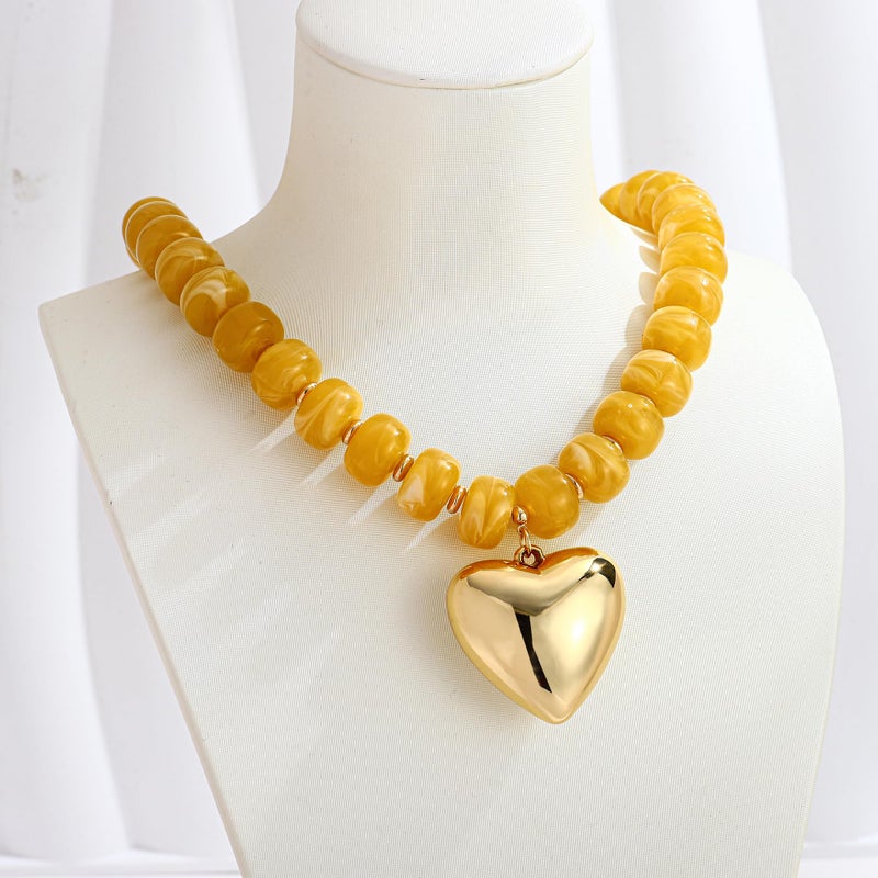 WOWORAMA Heart Statement Necklace for Women Yellow Resin Beads Puffy Heart Necklaces Trendy Chunky Statement Necklace Acrylic Choker Jewelry - Image 4