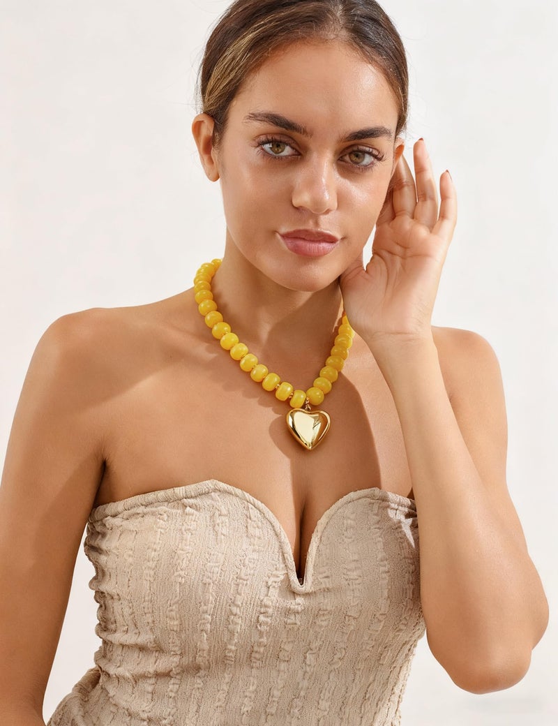 WOWORAMA Heart Statement Necklace for Women Yellow Resin Beads Puffy Heart Necklaces Trendy Chunky Statement Necklace Acrylic Choker Jewelry - Image 5