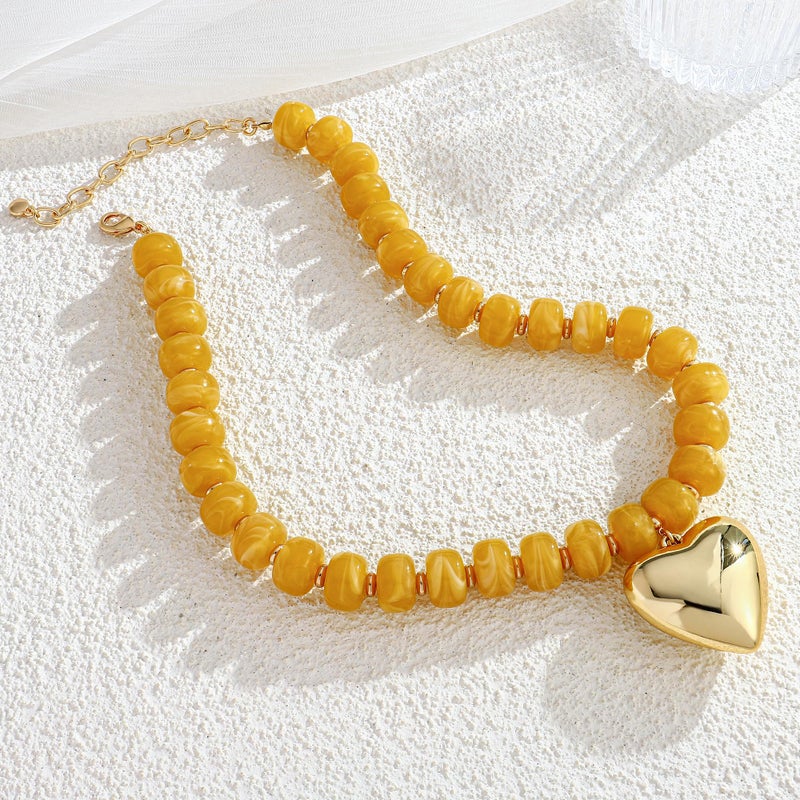 WOWORAMA Heart Statement Necklace for Women Yellow Resin Beads Puffy Heart Necklaces Trendy Chunky Statement Necklace Acrylic Choker Jewelry - Image 2