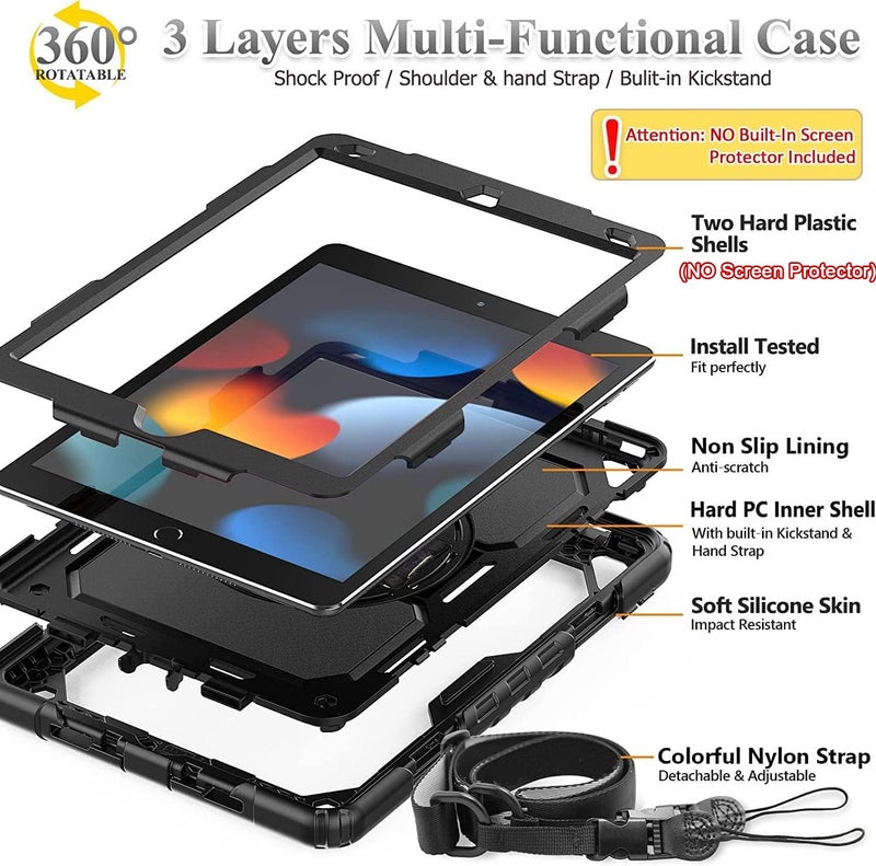BMOUO for iPad 9th/8th/7th Generation Case 10.2", Shockproof 360 Rotating Stand Shoulder Hand Strap iPad 9th/8th/7th Generation Case with Pencil Holder for iPad 10.2 inch 2021/2020/2019 - Black - Image 3