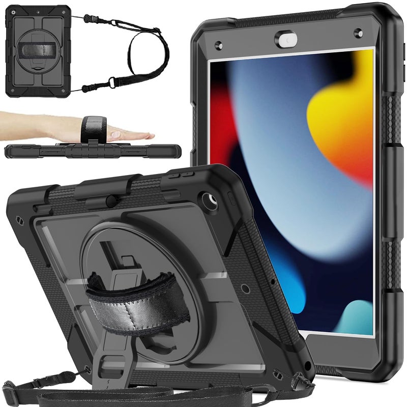 BMOUO for iPad 9th/8th/7th Generation Case 10.2", Shockproof 360 Rotating Stand Shoulder Hand Strap iPad 9th/8th/7th Generation Case with Pencil Holder for iPad 10.2 inch 2021/2020/2019 - Black - Image 1