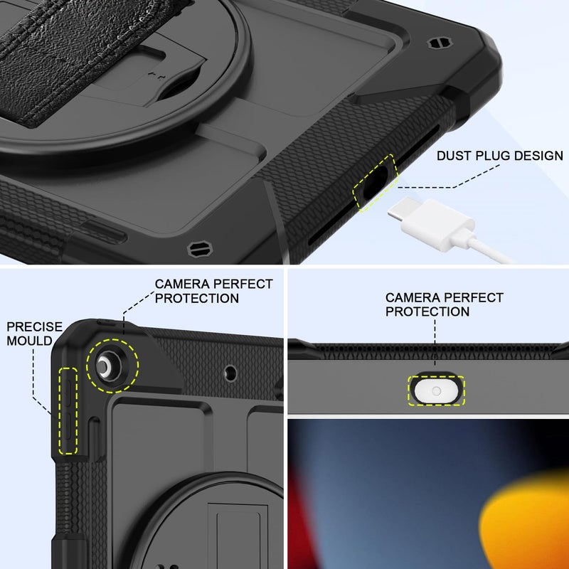 BMOUO for iPad 9th/8th/7th Generation Case 10.2", Shockproof 360 Rotating Stand Shoulder Hand Strap iPad 9th/8th/7th Generation Case with Pencil Holder for iPad 10.2 inch 2021/2020/2019 - Black - Image 4