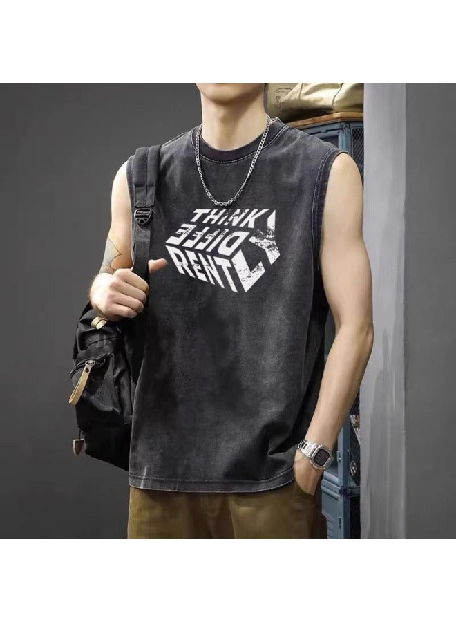 American High Street Retro Washed Distressed Sports Vest Trendy Brand Sleeveless T-shirt Loose Casual Fitness Short Sleeve