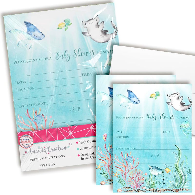 Underwater Cute Sea LifeThemed Baby Sprinkle Shower Invitations 20 5x7 Fill In Cards with Twenty White Envelopes by AmandaCreation