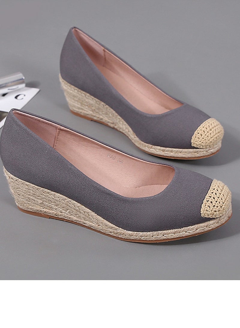 Loquat Women's Platform Espadrilles Wedge Heeled Sandals Slip On Closed Round Toe Wedge Shoes Dark Grey  - Image 1