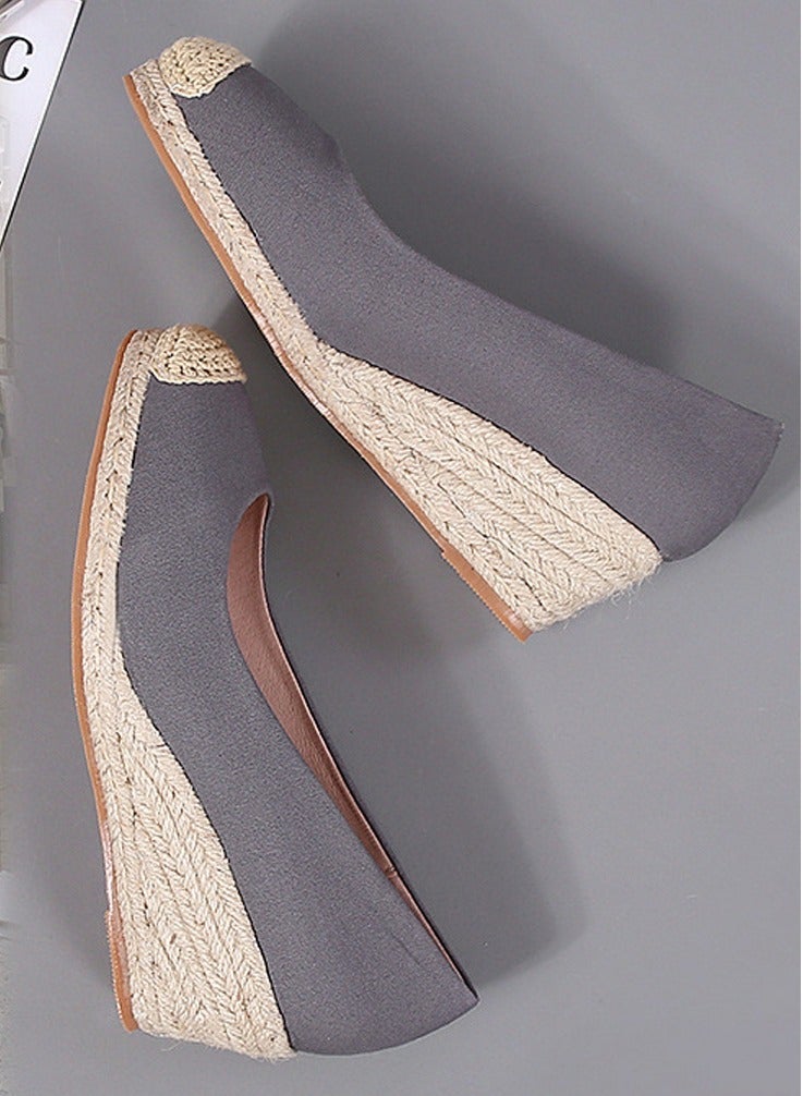 Loquat Women's Platform Espadrilles Wedge Heeled Sandals Slip On Closed Round Toe Wedge Shoes Dark Grey  - Image 3