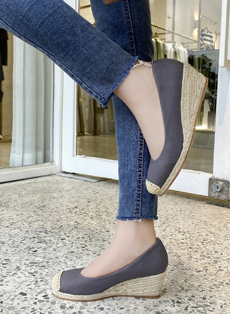 Loquat Women's Platform Espadrilles Wedge Heeled Sandals Slip On Closed Round Toe Wedge Shoes Dark Grey  - Image 4
