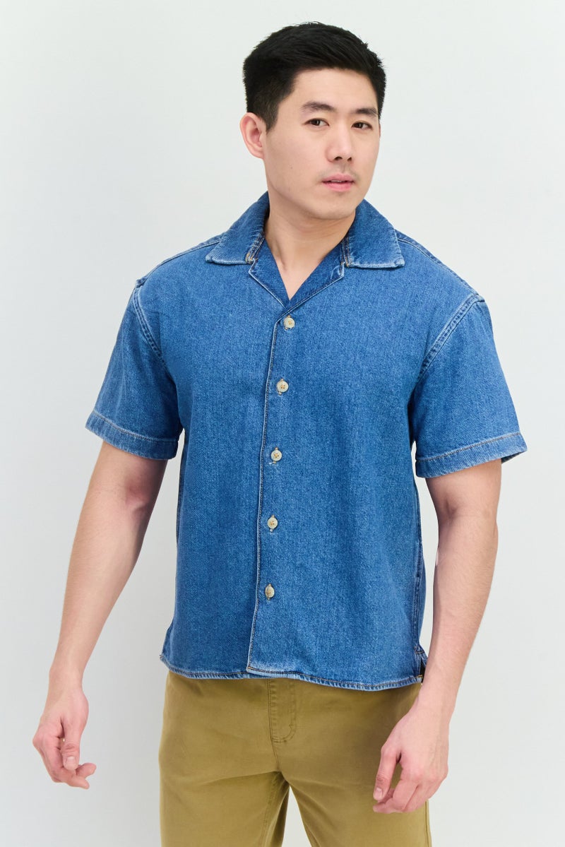 Jack Jones Men Regular Fit Solid Short Sleeves Denim Shirt, Blue - Image 1