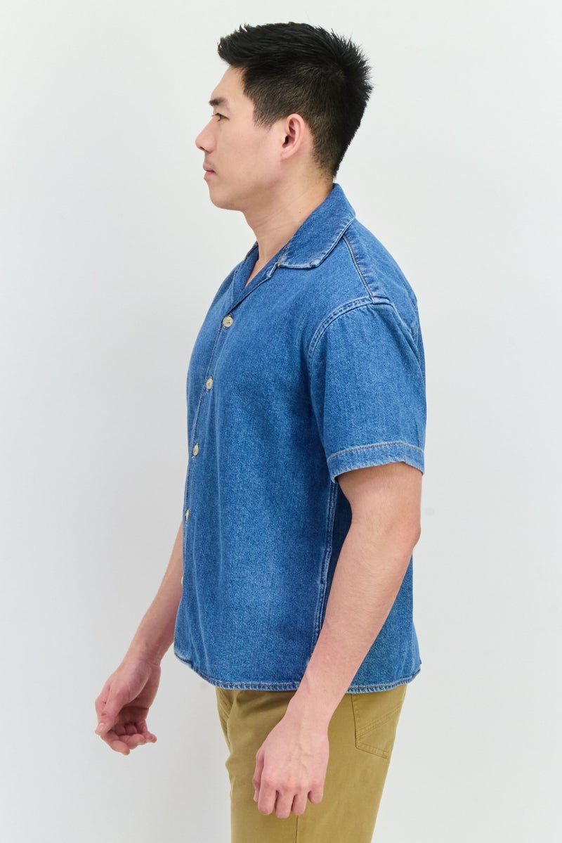 Jack Jones Men Regular Fit Solid Short Sleeves Denim Shirt, Blue - Image 2