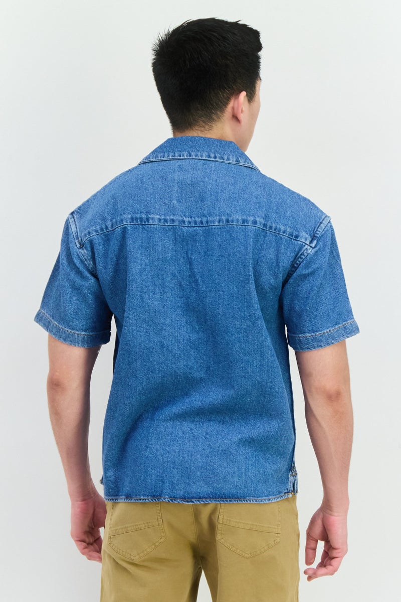 Jack Jones Men Regular Fit Solid Short Sleeves Denim Shirt, Blue - Image 3