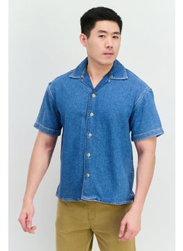 Jack Jones Men Regular Fit Solid Short Sleeves Denim Shirt, Blue  - Image 1
