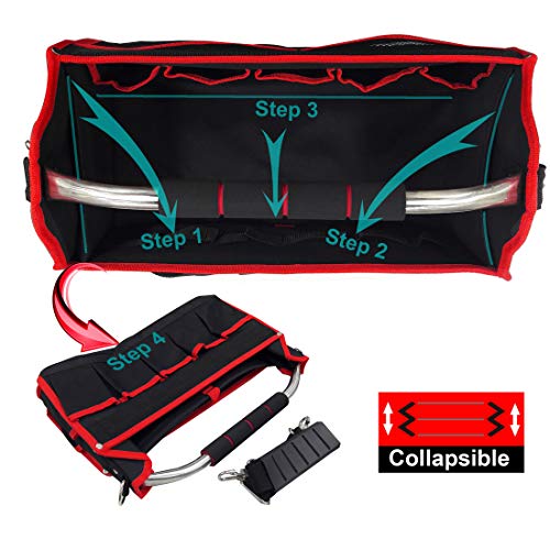 HAUTMEC 16 Inch Tool Bag, Foldable Open Top Tool Tote with Adjustable Shoulder Strap, 16 Pockets, Molded Base & Padded Handle, Portable Electrician Tool Organizer for DIY & Jobsite Use – TB0002 - Image 4