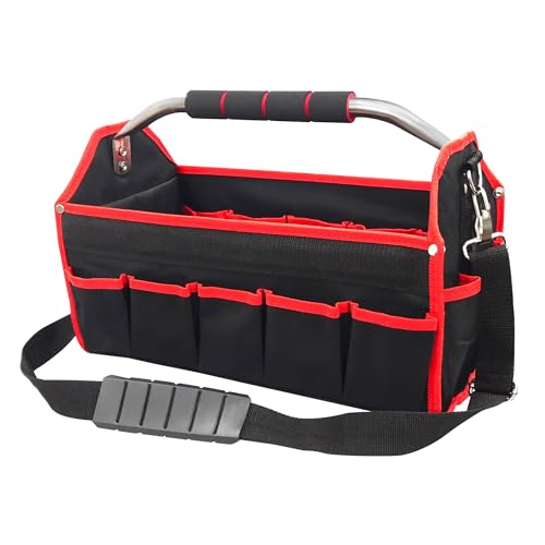 HAUTMEC 16 Inch Tool Bag, Foldable Open Top Tool Tote with Adjustable Shoulder Strap, 16 Pockets, Molded Base & Padded Handle, Portable Electrician Tool Organizer for DIY & Jobsite Use – TB0002 - Image 1