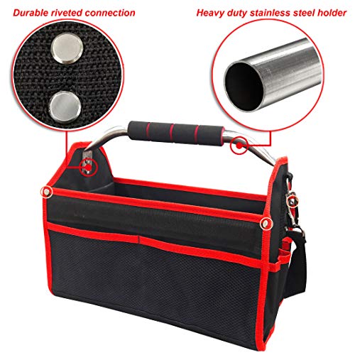 HAUTMEC 16 Inch Tool Bag, Foldable Open Top Tool Tote with Adjustable Shoulder Strap, 16 Pockets, Molded Base & Padded Handle, Portable Electrician Tool Organizer for DIY & Jobsite Use – TB0002 - Image 3