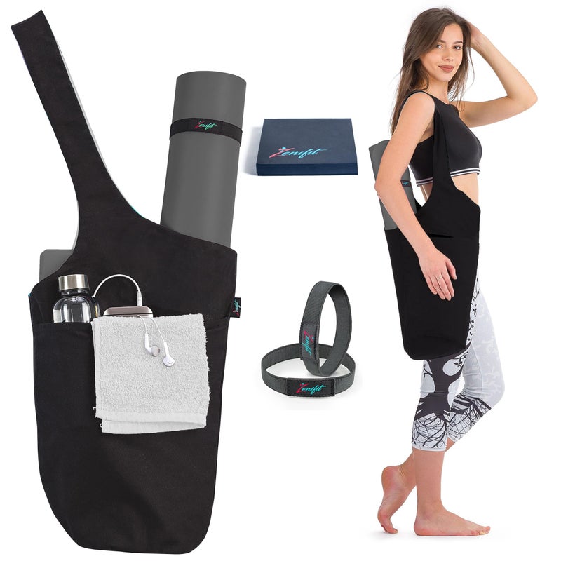 Zenifit Yoga Mat Bag – Versatile Yoga Bag with Mat Straps & Storage Pockets, Holds Yoga & Pilates Mats, Lightweight & Durable, Full Black - Image 1
