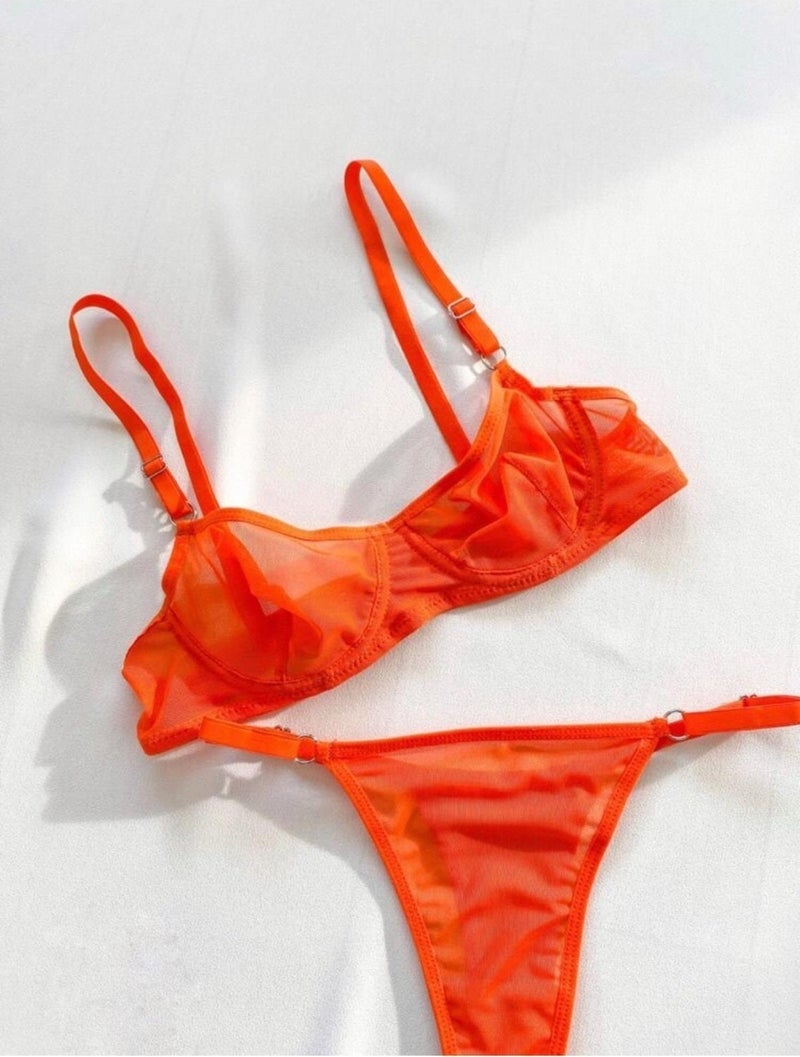 La Linaa Women Orange Tulle Thong Panty Bra Set Tulle-1