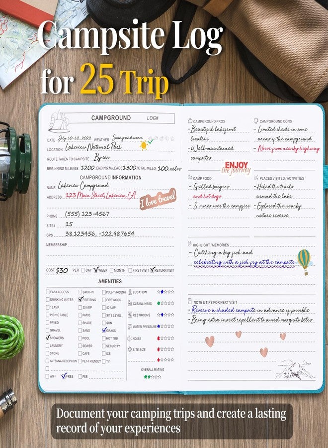 JUBTIC Camping Journal and RV Travel Log Book, A5 Adventure Journal for 25 Camping, Hiking Journal, Family Travel Books Camper Essentials Camping Gifts for Women-Dark Green - Image 3