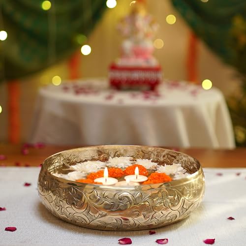 BEHOMA Golden Aluminium Chitai Design 10" inch Urli | Navratri Durga Puja Indoor Outdoor Center Table Flower Decorative Bowl | Urali for Haldi, Mehandi, Wedding & Home Decor, Brass Finish 1Pc, 2000 ml - Image 4