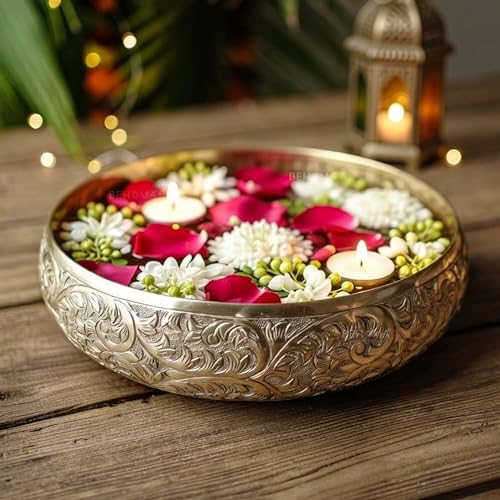 BEHOMA Golden Aluminium Chitai Design 10" inch Urli | Navratri Durga Puja Indoor Outdoor Center Table Flower Decorative Bowl | Urali for Haldi, Mehandi, Wedding & Home Decor, Brass Finish 1Pc, 2000 ml - Image 1