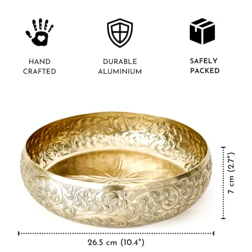 BEHOMA Golden Aluminium Chitai Design 10" inch Urli | Navratri Durga Puja Indoor Outdoor Center Table Flower Decorative Bowl | Urali for Haldi, Mehandi, Wedding & Home Decor, Brass Finish 1Pc, 2000 ml - Image 5