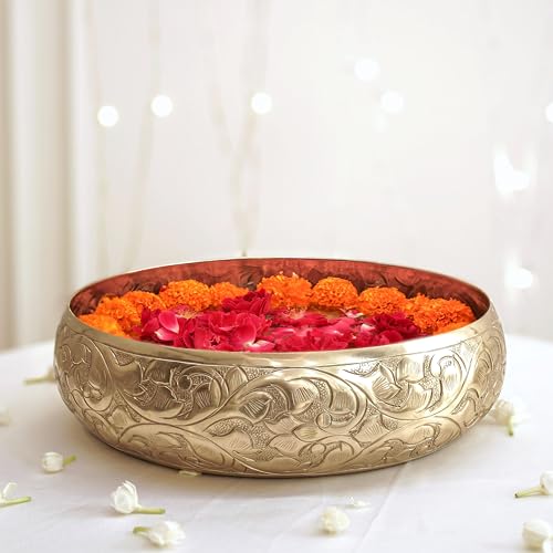BEHOMA Golden Aluminium Chitai Design 10" inch Urli | Navratri Durga Puja Indoor Outdoor Center Table Flower Decorative Bowl | Urali for Haldi, Mehandi, Wedding & Home Decor, Brass Finish 1Pc, 2000 ml - Image 2