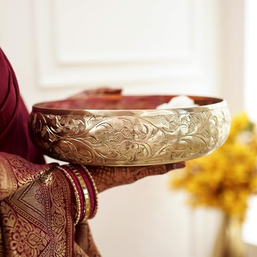 BEHOMA Golden Aluminium Chitai Design 10" inch Urli | Navratri Durga Puja Indoor Outdoor Center Table Flower Decorative Bowl | Urali for Haldi, Mehandi, Wedding & Home Decor, Brass Finish 1Pc, 2000 ml - Image 3