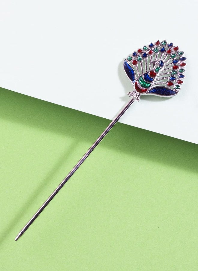 ACCESSHER Silver-Plated Oxidized Multicolor Peacock Metal Hair Sticks for Women & Girls | Stylish Hair Accessories for Buns | Perfect for Traditional Looks - Image 5