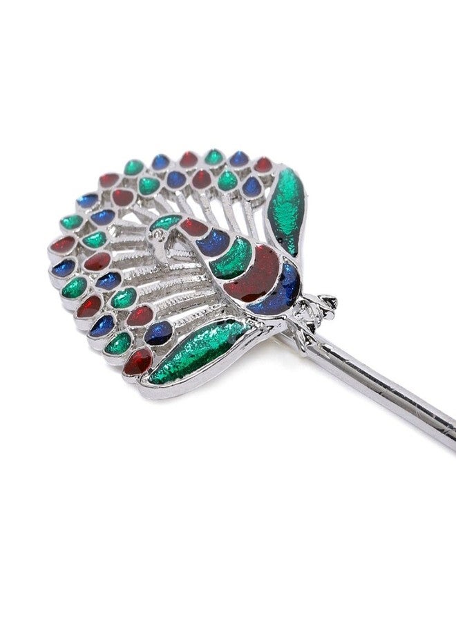 ACCESSHER Silver-Plated Oxidized Multicolor Peacock Metal Hair Sticks for Women & Girls | Stylish Hair Accessories for Buns | Perfect for Traditional Looks - Image 2