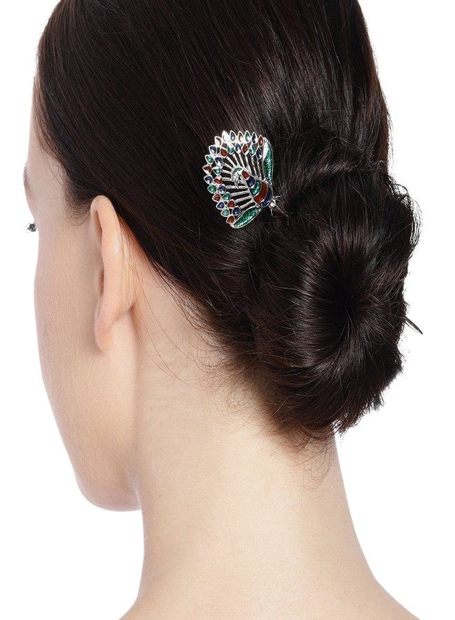 ACCESSHER Silver-Plated Oxidized Multicolor Peacock Metal Hair Sticks for Women & Girls | Stylish Hair Accessories for Buns | Perfect for Traditional Looks - Image 3