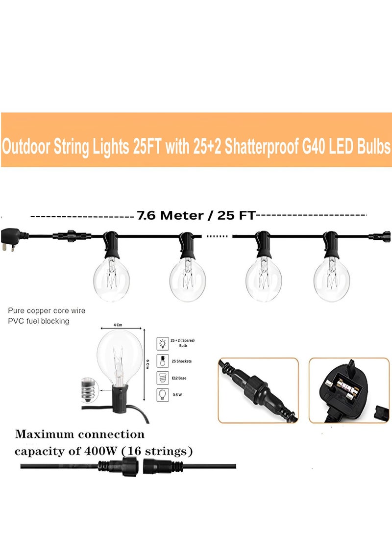 𝐅𝐅𝐃 Outdoor String Lights 25FT with 25+2 Shatterproof G40 LED Bulbs – Waterproof, Connectable, Energy-Efficient Patio Lights for Garden, Wedding, Party & Christmas Decor - Image 2
