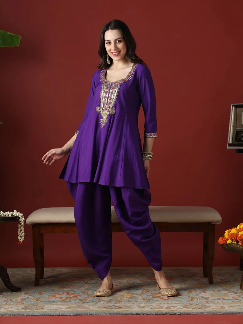 globus Globus Women Purple Sequinned & Embroidered Yoke A-Line Tunic With Dhoti Pants Festive Co-Ord Set