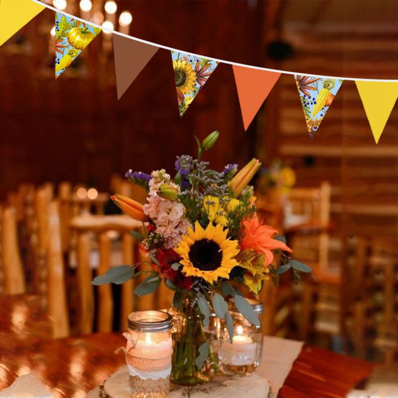 pinkblume 32Ft Orange Yellow Brown Banner Pumpkin Triangle Flag Fabric Pennant Garland Bunting for Happy Fall Decor Thanksgiving Day Harvest Autumn Wedding Birthday Party Home Outdoor Garden Hanging Decoration - Image 2