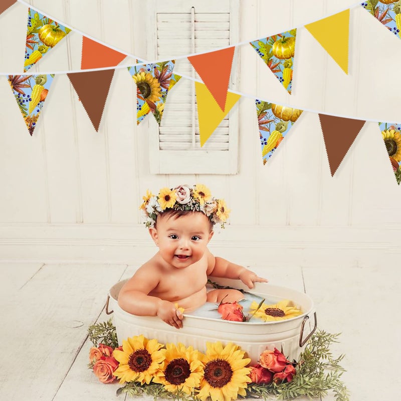 pinkblume 32Ft Orange Yellow Brown Banner Pumpkin Triangle Flag Fabric Pennant Garland Bunting for Happy Fall Decor Thanksgiving Day Harvest Autumn Wedding Birthday Party Home Outdoor Garden Hanging Decoration - Image 3