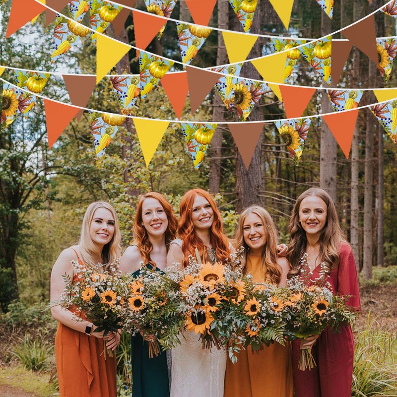 pinkblume 32Ft Orange Yellow Brown Banner Pumpkin Triangle Flag Fabric Pennant Garland Bunting for Happy Fall Decor Thanksgiving Day Harvest Autumn Wedding Birthday Party Home Outdoor Garden Hanging Decoration - Image 4
