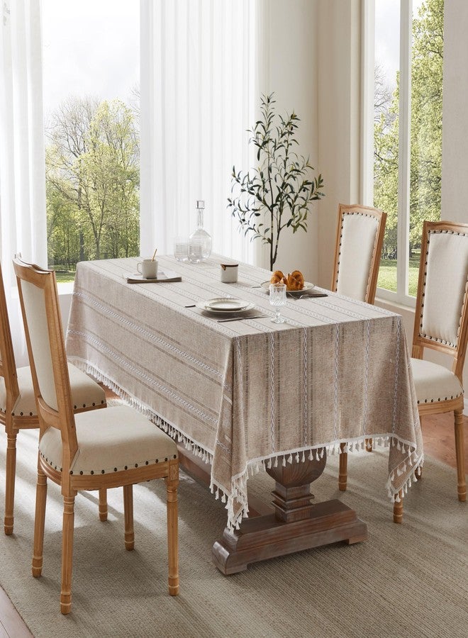 ZeeMart Hemstitched Embroidery Striped Boho Tablecloth 54x70 Inch Natural, Heavy Weight Farmhouse Burlap Linen Neutral Tablecloth, Wrinkle Resistant Washable Table Cloth for Rectangle Table - Image 2