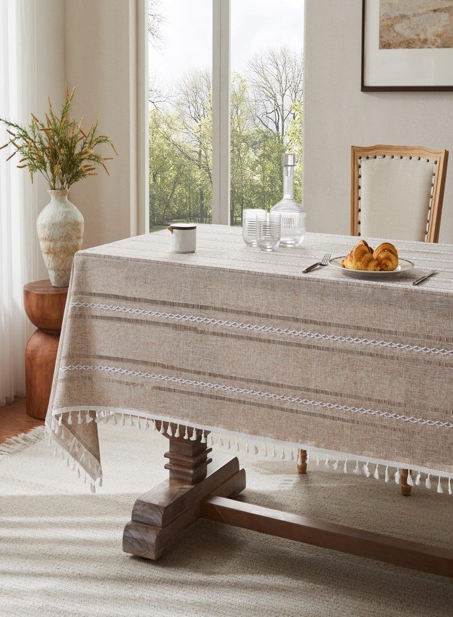 ZeeMart Hemstitched Embroidery Striped Boho Tablecloth 54x70 Inch Natural, Heavy Weight Farmhouse Burlap Linen Neutral Tablecloth, Wrinkle Resistant Washable Table Cloth for Rectangle Table - Image 3