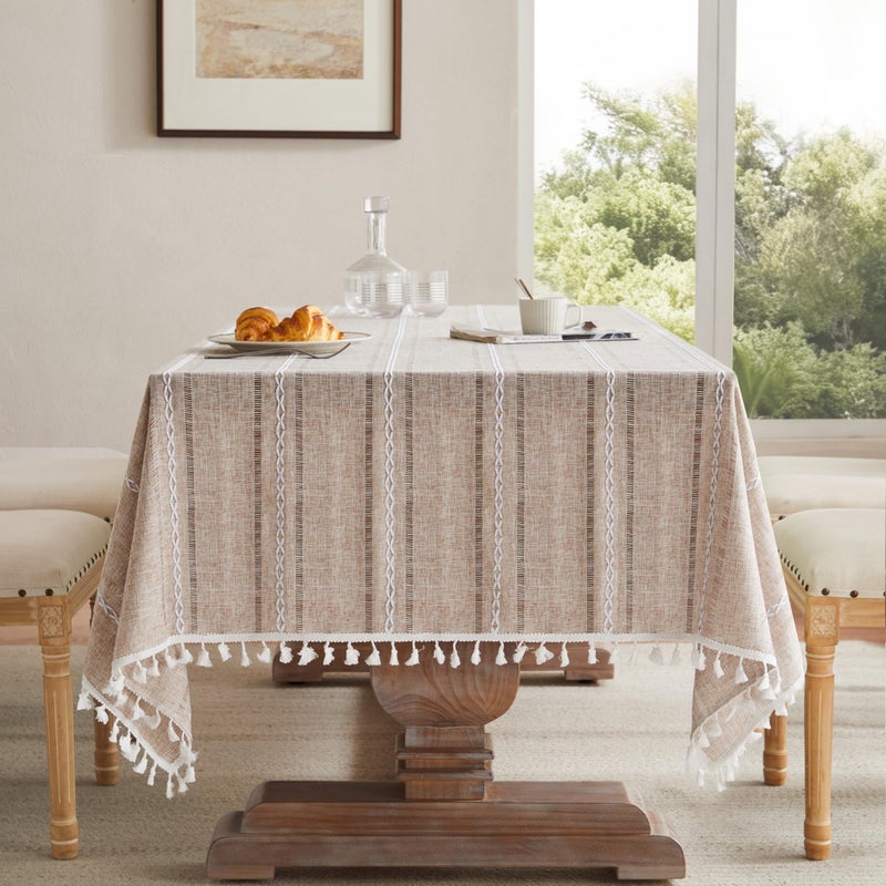 ZeeMart Hemstitched Embroidery Striped Boho Tablecloth 54x70 Inch Natural, Heavy Weight Farmhouse Burlap Linen Neutral Tablecloth, Wrinkle Resistant Washable Table Cloth for Rectangle Table - Image 1