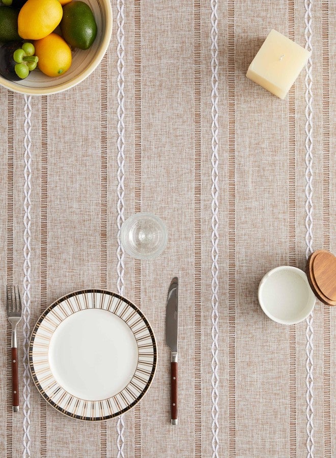 ZeeMart Hemstitched Embroidery Striped Boho Tablecloth 54x70 Inch Natural, Heavy Weight Farmhouse Burlap Linen Neutral Tablecloth, Wrinkle Resistant Washable Table Cloth for Rectangle Table - Image 4