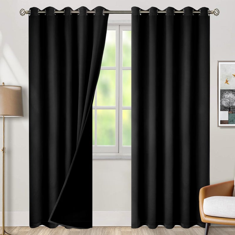 BGment الستائر المعزولة الحرارية بنسبة 100 ٪ لتلبيس غرفة نوم مع بطانة سوداء طبقة مزدوجة غرفة كاملة غامق ضوضاء الستار الحلق (60 × 84 بوصة سوداء 2 لوحات) - Image 1