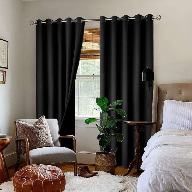 BGment الستائر المعزولة الحرارية بنسبة 100 ٪ لتلبيس غرفة نوم مع بطانة سوداء طبقة مزدوجة غرفة كاملة غامق ضوضاء الستار الحلق (60 × 84 بوصة سوداء 2 لوحات) - Image 2