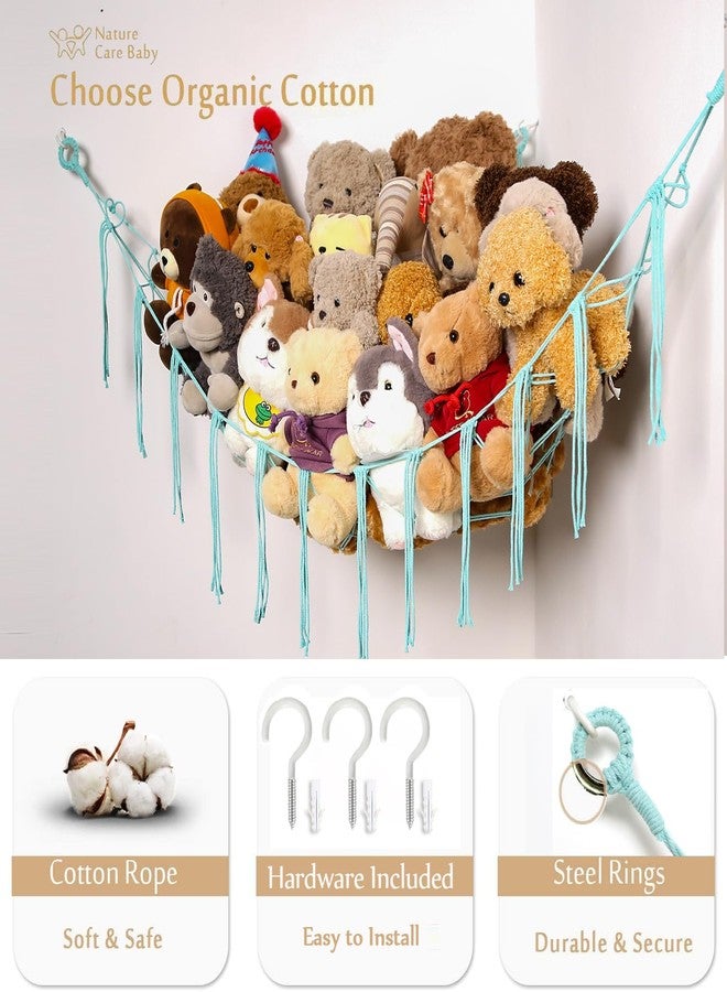 YKBU Stuffed Animals Hammock Corner Hanging Net for Macrame Stuffed Animal Storage Plush Toy Holder Toy Organizer for Boho Nursery Playroom Bedroom Kids Room Decor (light blue, Large) - Image 3