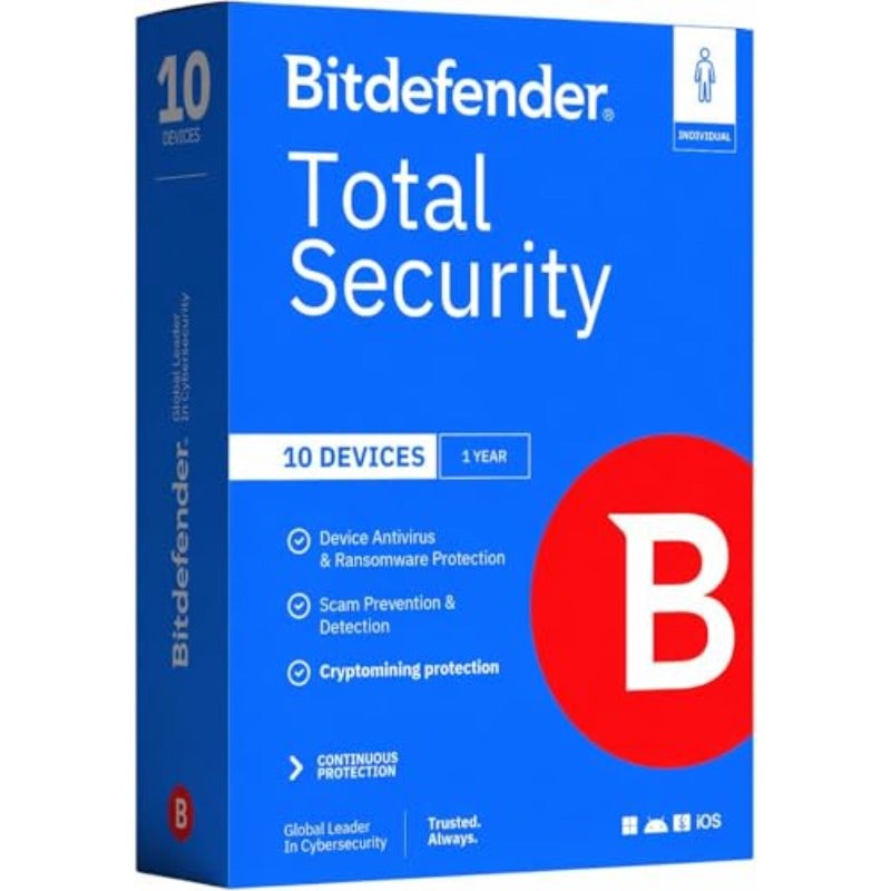 Bitdefender Total Security - اشتراك لمدة سنة لـ 10 أجهزة (كمبيوتر وMac) مع رمز تفعيل عبر البريد الإلكتروني - Image 1