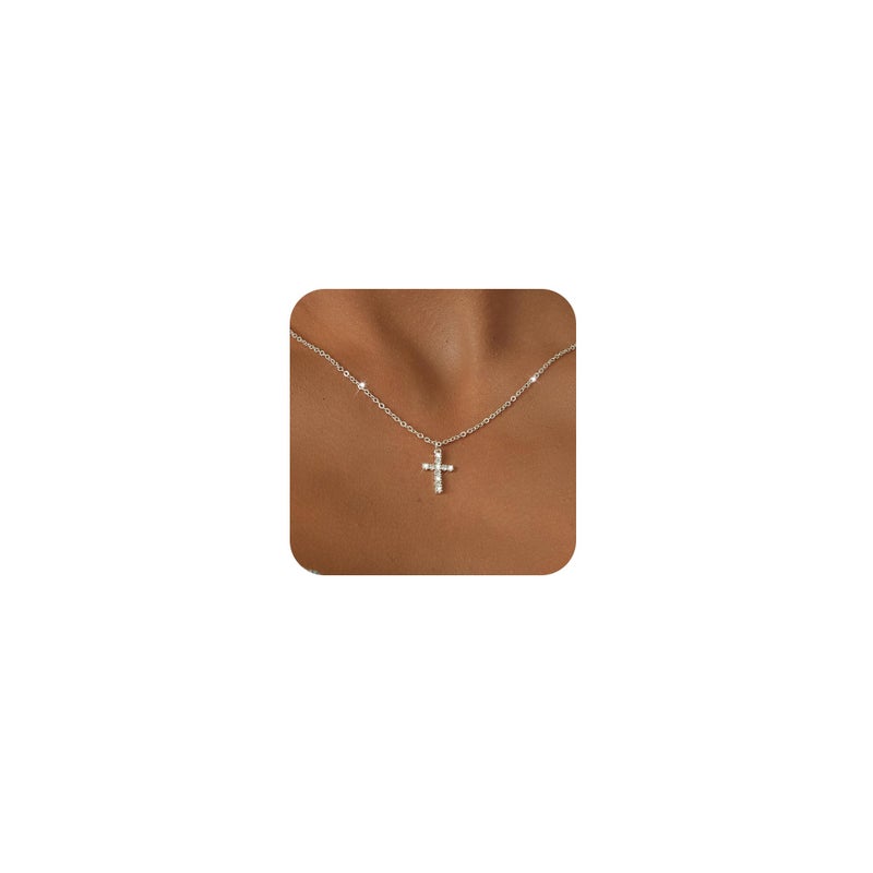 Tewiky Dainty Cross Necklace for Women, Sterling Silver Plated Simple Cute Tiny Cross Pendant Choker Necklaces Jewelry Confirmation Gifts - Image 1
