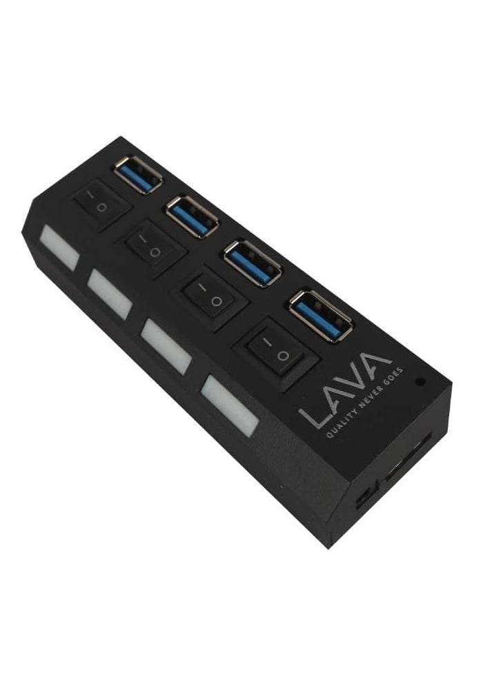 Lava - Hub Lava USB 3.0 device with switch feature and 4-port external cable  super speed black - Image 1
