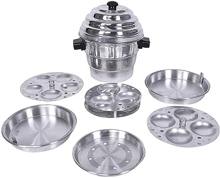 KITCART Aluminium Idli Maker Cooker with 4 Plates 2 Plates Steamers 2 Dhokla khamman Plate 1 Patra Plate 95 Diameter Silver Standard - Image 1